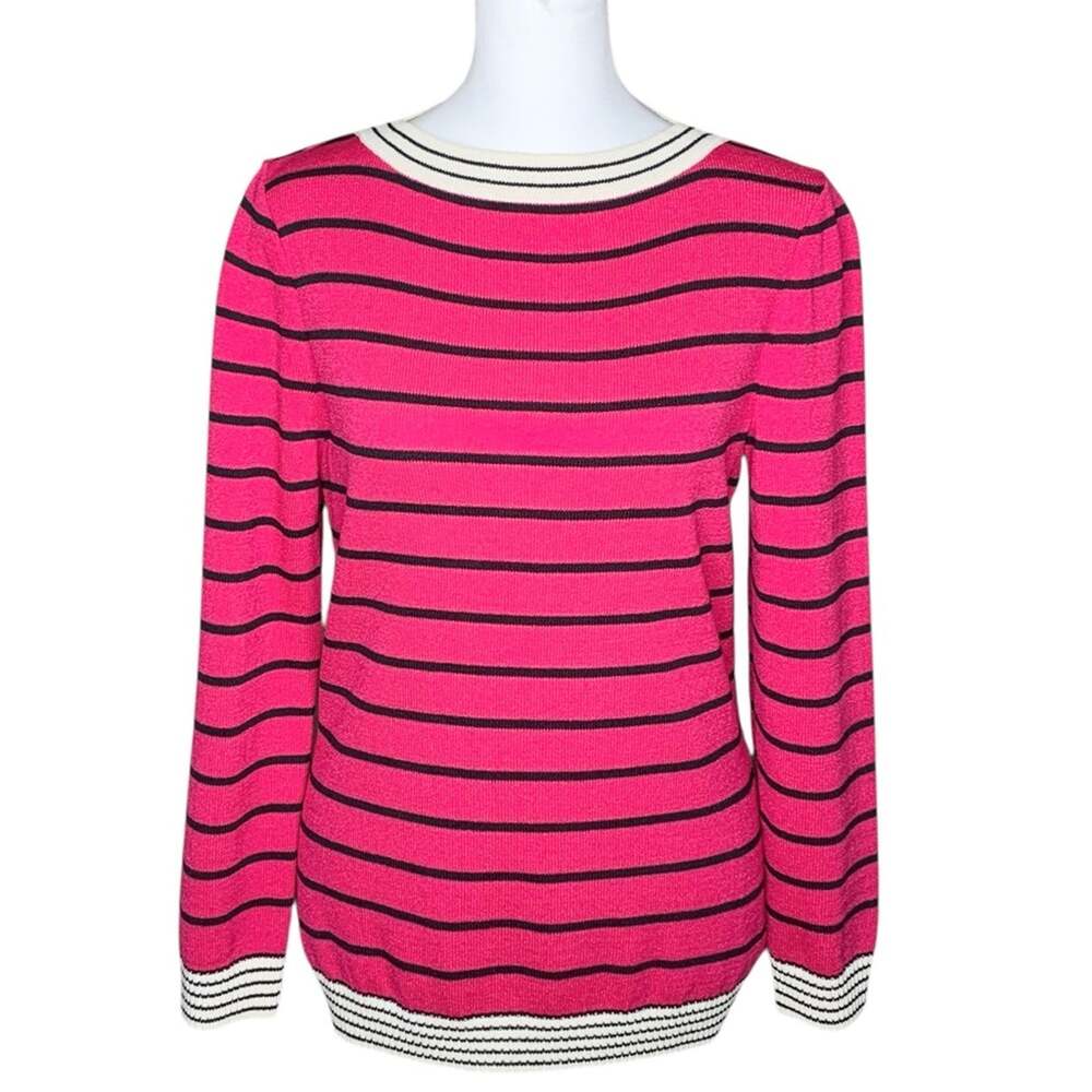 St John Sport Wool Blend Sweater P Petite Striped Fuchsia Pink Preppy Old Money